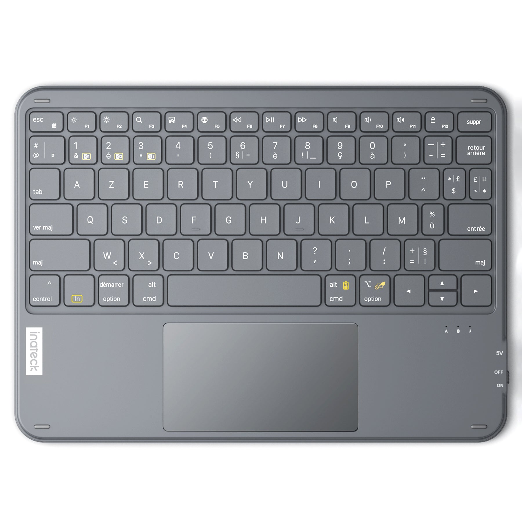 Inateck Clavier Bluetooth 3 canaux avec pavé Tactile, Clavier sans Fil AZERTY Ultra Fin et Portable, Compatible avec iPad OS,Windows et Android, KB01105 Gris