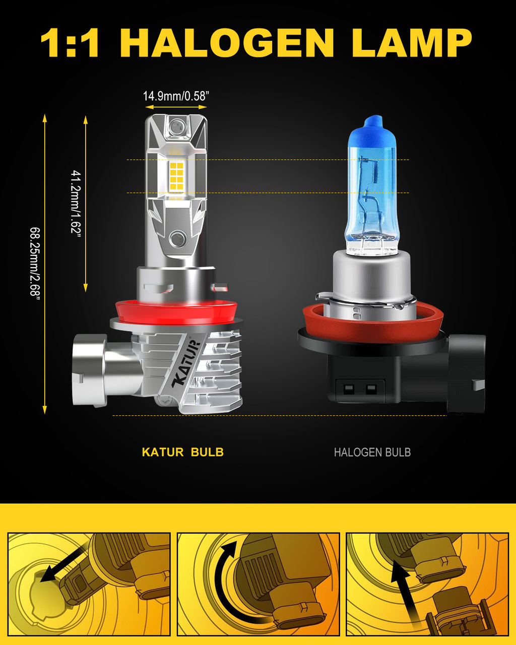 Katur H11/H8/H9 Lot de 2 ampoules LED, 26 000 LM, 80 W, 6000 K blanc, sans ventilateur, étanche, taille mini, Plug and Play