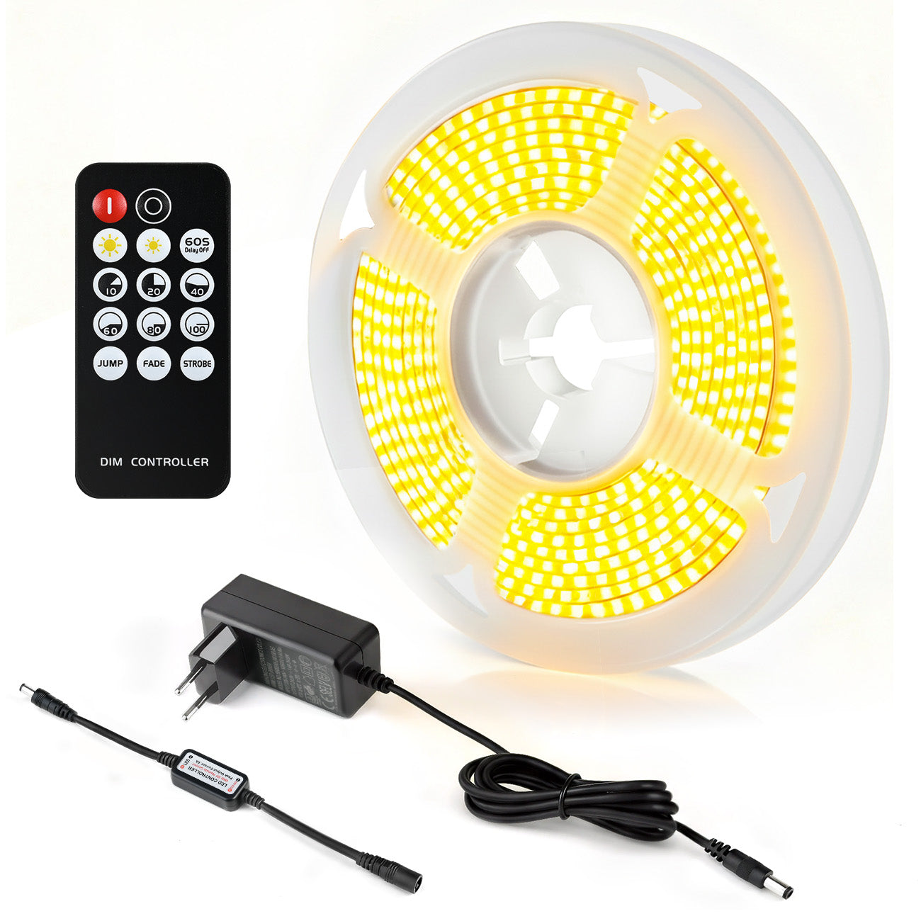 VIVREAL Ruban LED COB 12 V 6,56 pi 3000 K Blanc chaud à intensité variable, ruban flexible avec alimentation et télécommande RF, IRC élevé 92