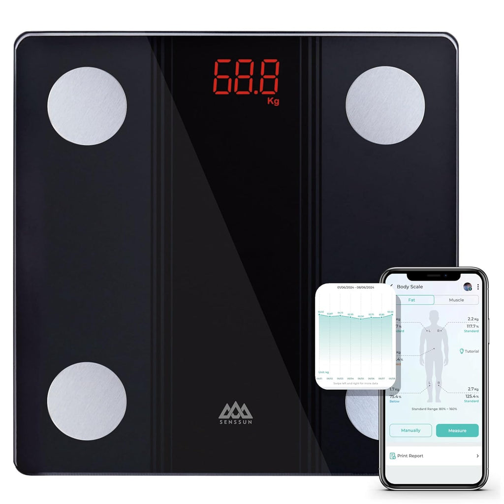 Pèse-personne SENSSUN avec application, pèse-personne intelligente avec analyse corporelle Bluetooth et fonction de composition corporelle, 150 kg/330 LB, 26 x 26 cm, affichage LED (Noir)