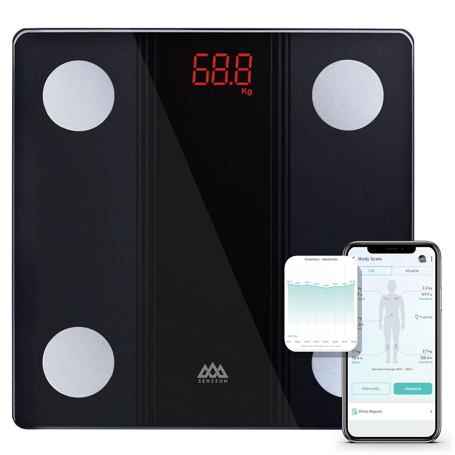 Pèse-personne SENSSUN avec application, pèse-personne intelligente avec analyse corporelle Bluetooth et fonction de composition corporelle, 150 kg/330 LB, 26 x 26 cm, affichage LED (Noir)
