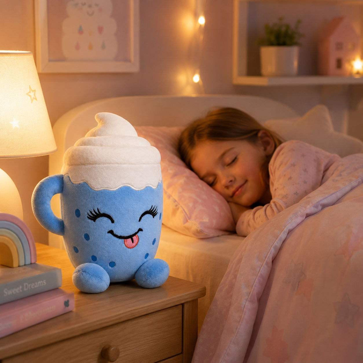 Flooffees Mug en peluche Bleu de Londres – Jouet mignon et doux de style kawaii avec nappage à la crème fouettée, compagnon de bureau câlin de 25 cm, décoration pour chambre et cadeau pour enfants