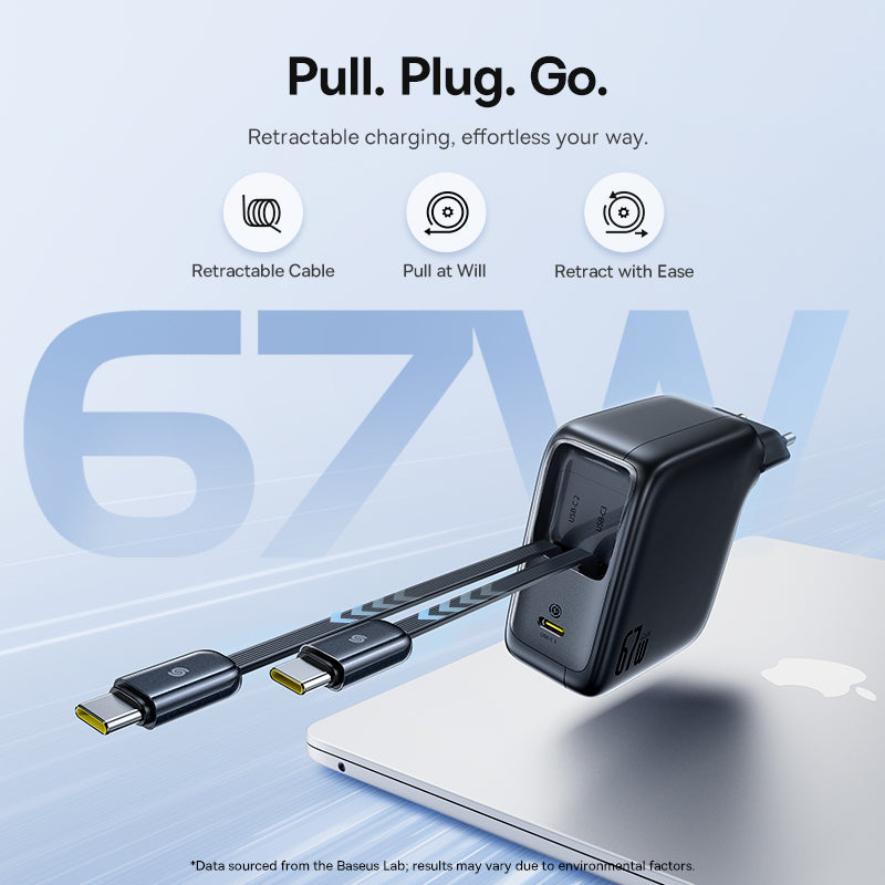Baseus EnerCore CJ21 USB-C Chargeur avec 2 cables rétractables 3C 67 W - Noir interstellaire