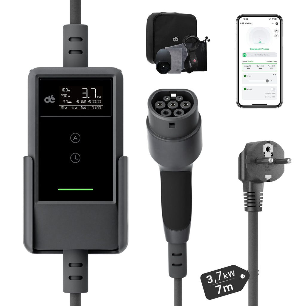 dé Chargeur pour véhicule électrique 3,7 kW Contrôle via application Type 2 câble de recharge 7 m 6-16 A réglable avec kit d'adaptateurs de voyage compatible E-208, Model Y, E-Tech