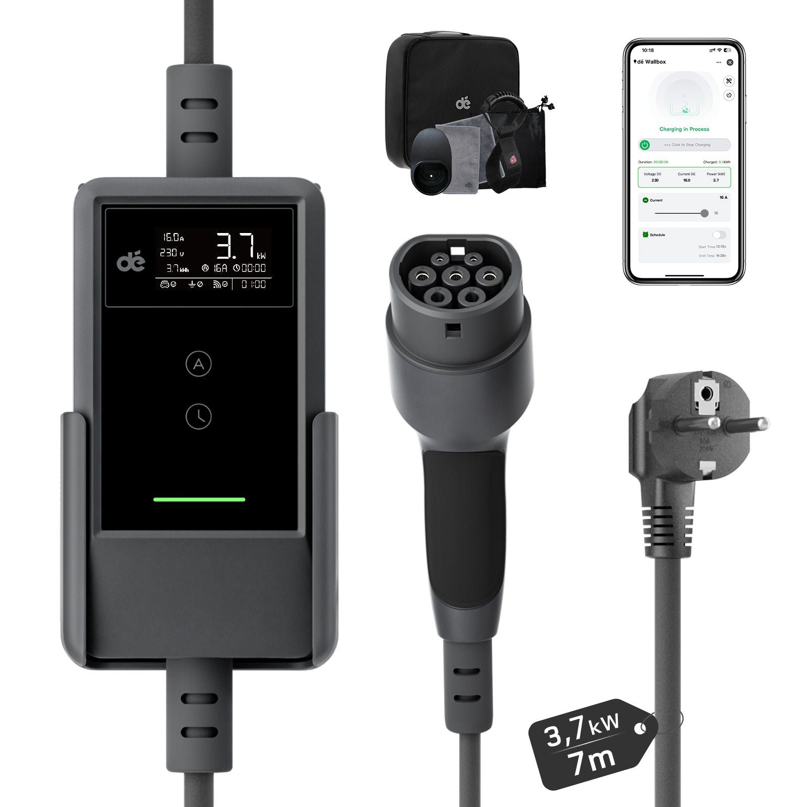 dé Chargeur pour véhicule électrique 3,7 kW Contrôle via application Type 2 câble de recharge 7 m 6-16 A réglable avec kit d'adaptateurs de voyage compatible E-208, Model Y, E-Tech