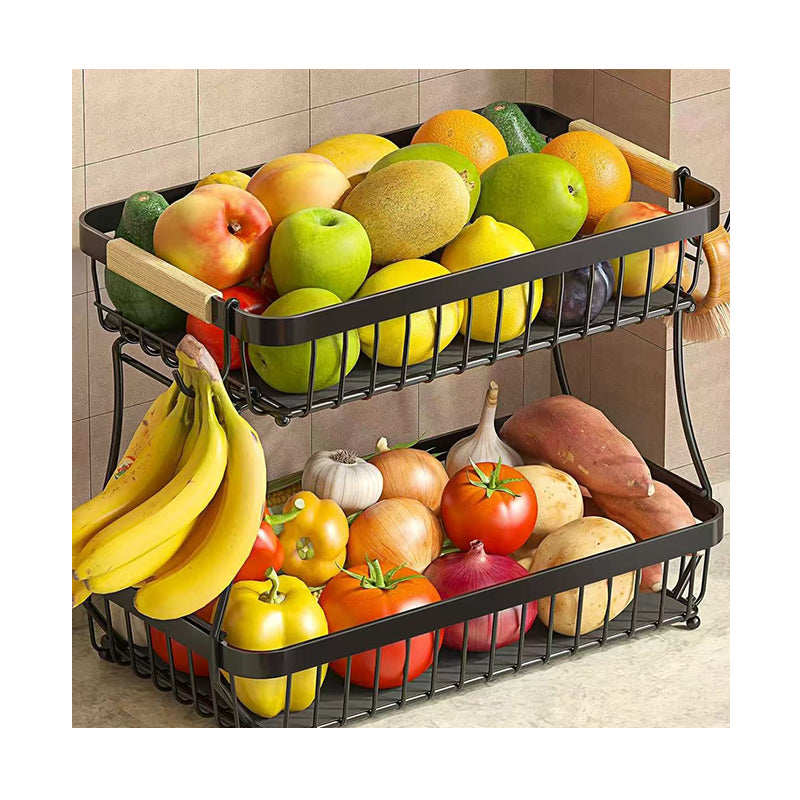 JORDAN&JUDY Étagère de rangement à 2 niveaux, panier de rangement pour fruits et snacks de bureau, noir
