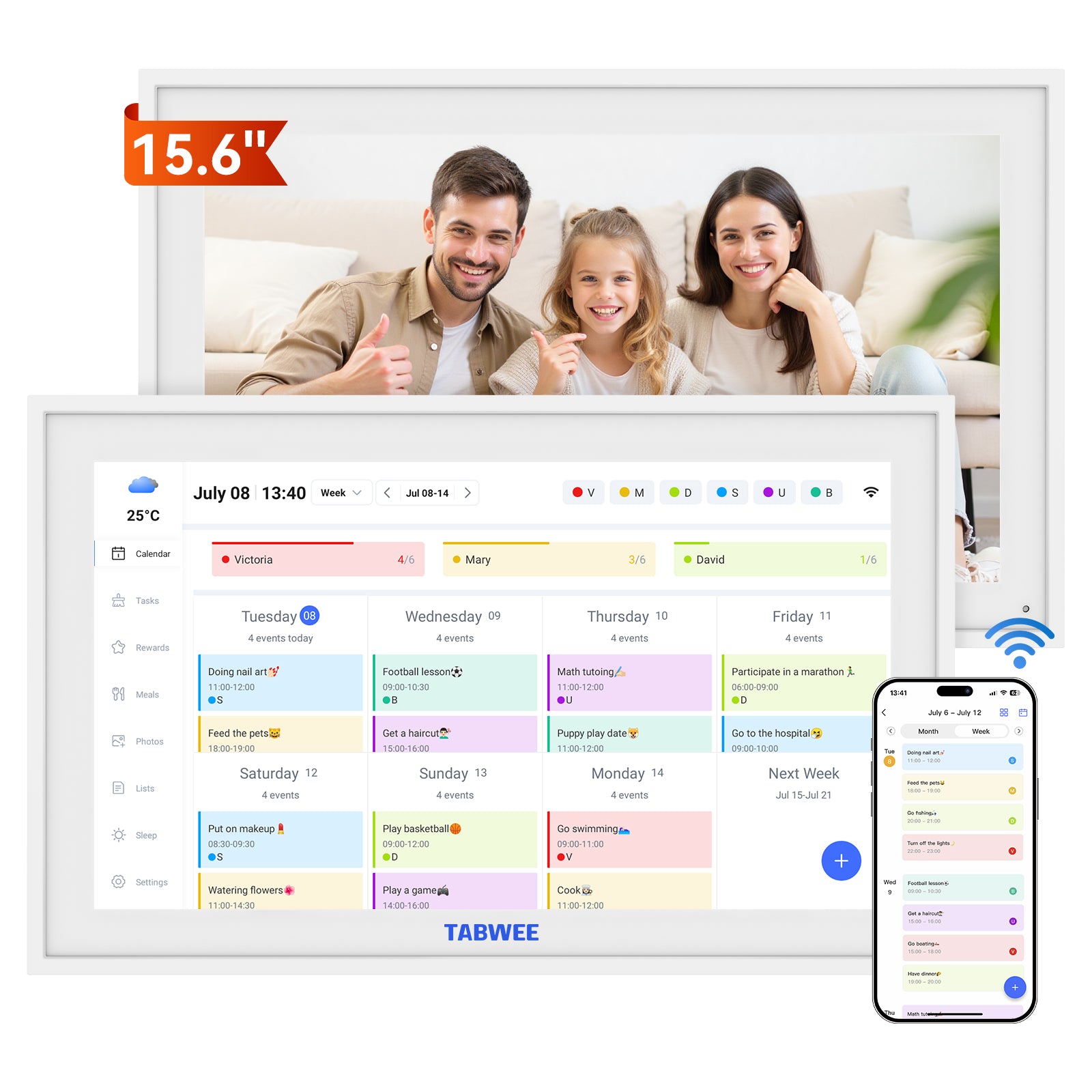 TABWEE P15 Calendrier Numérique WiFi - Écran Tactile 15,6" pour Mur, Planificateur Familial, Planificateur de Repas, Agenda de Rendez-vous, Horloge Mémoire pour Seniors, Planificateur Hebdomadaire/Mensuel (Cadre Photo Numérique)