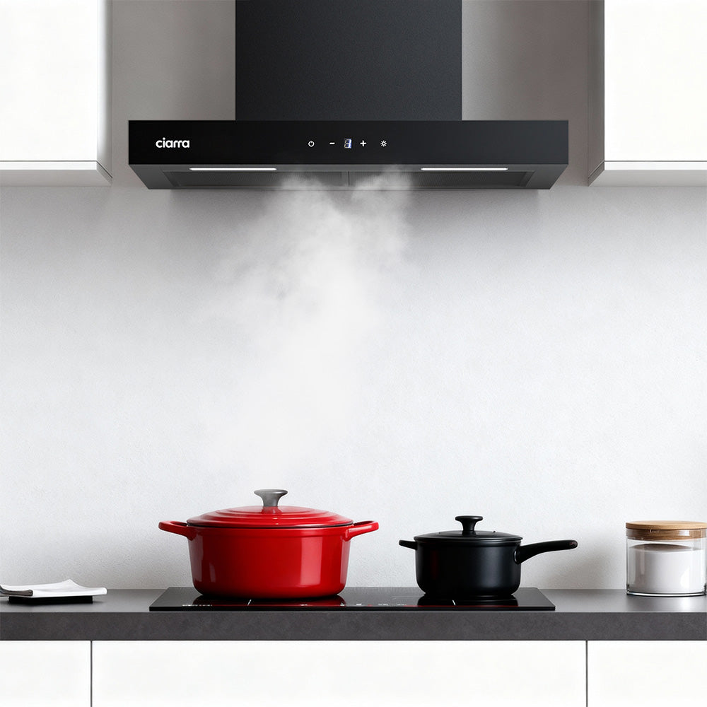 CIARRA Hotte aspirante à recirculation, commande tactile Wi-Fi et app, 650 m³/h, fixation murale, 4 vitesses avec booster, filtres en aluminium noir, classe énergétique A+++ - 60 cm