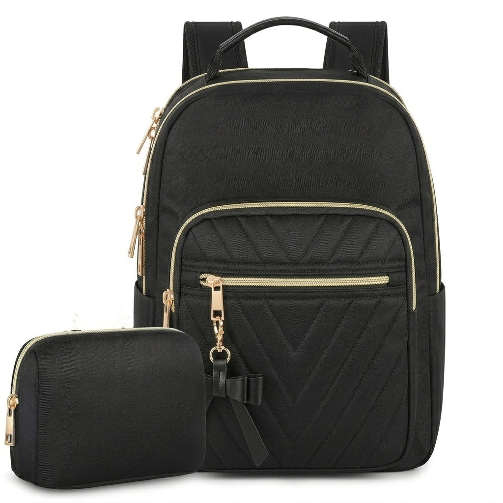 Petit sac à dos scolaire femme élégant Et ensemble portefeuille 2-en-1 Imperméable Sac à dos urbain décontracté avec port de charge USB Sac à main moderne pour voyage travail Noir