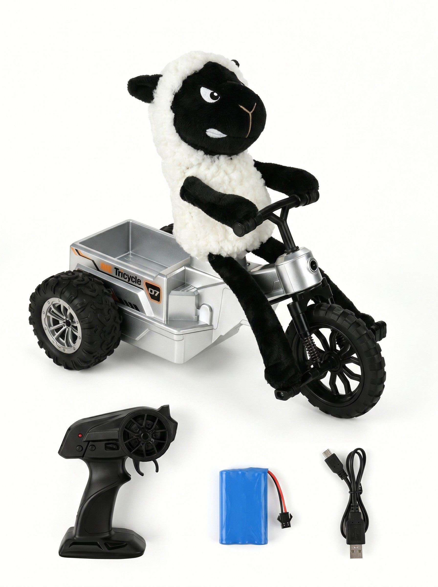 Tricycle de drift RC 1:18 rechargeable, peluche mouton, vitesse proportionnelle, LED, bac de rangement, véhicule tout-terrain 3 roues, cadeau enfants 6+, 1 pc, blanc