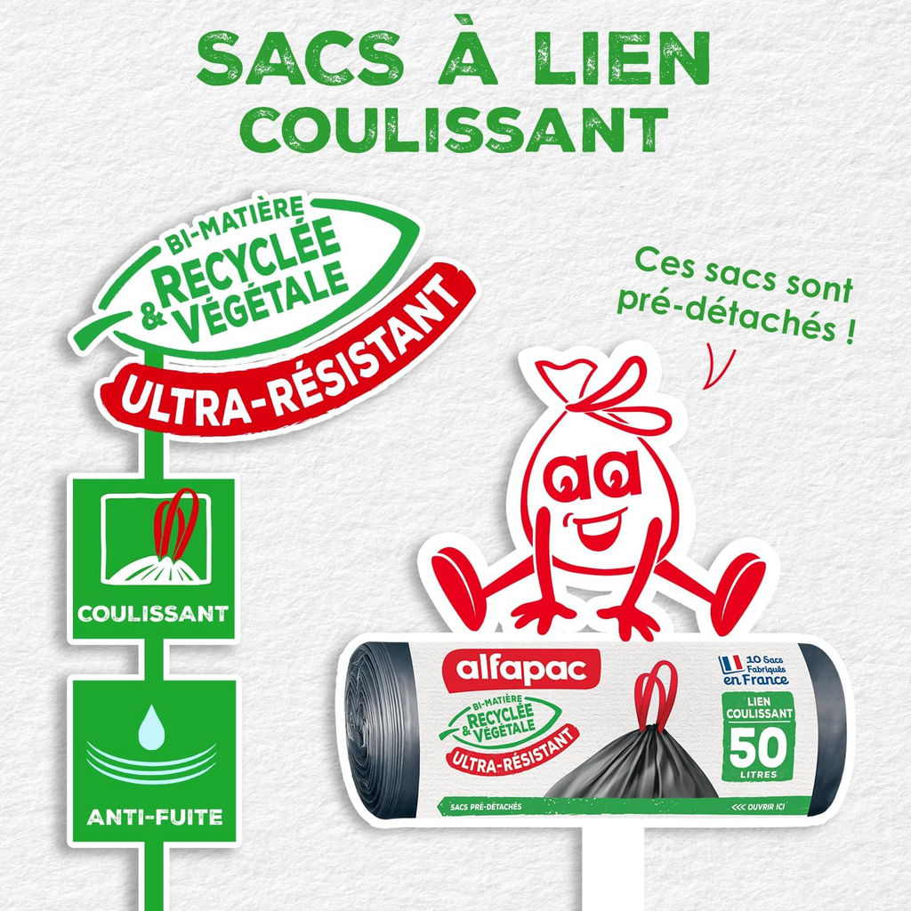 ALFAPAC Sacs Poubelle, 50 L, Fermeture Coulissante, Ultra-Résistants, sans Parfum, 10 Sacs