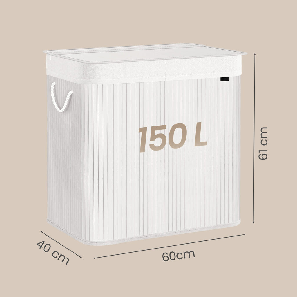 JOYFURNOS Grand Panier à Linge en Bambou, Panier à Linge Pliable à 3 Compartiments avec Couvercle, Sac Intérieur Amovible, Blanc