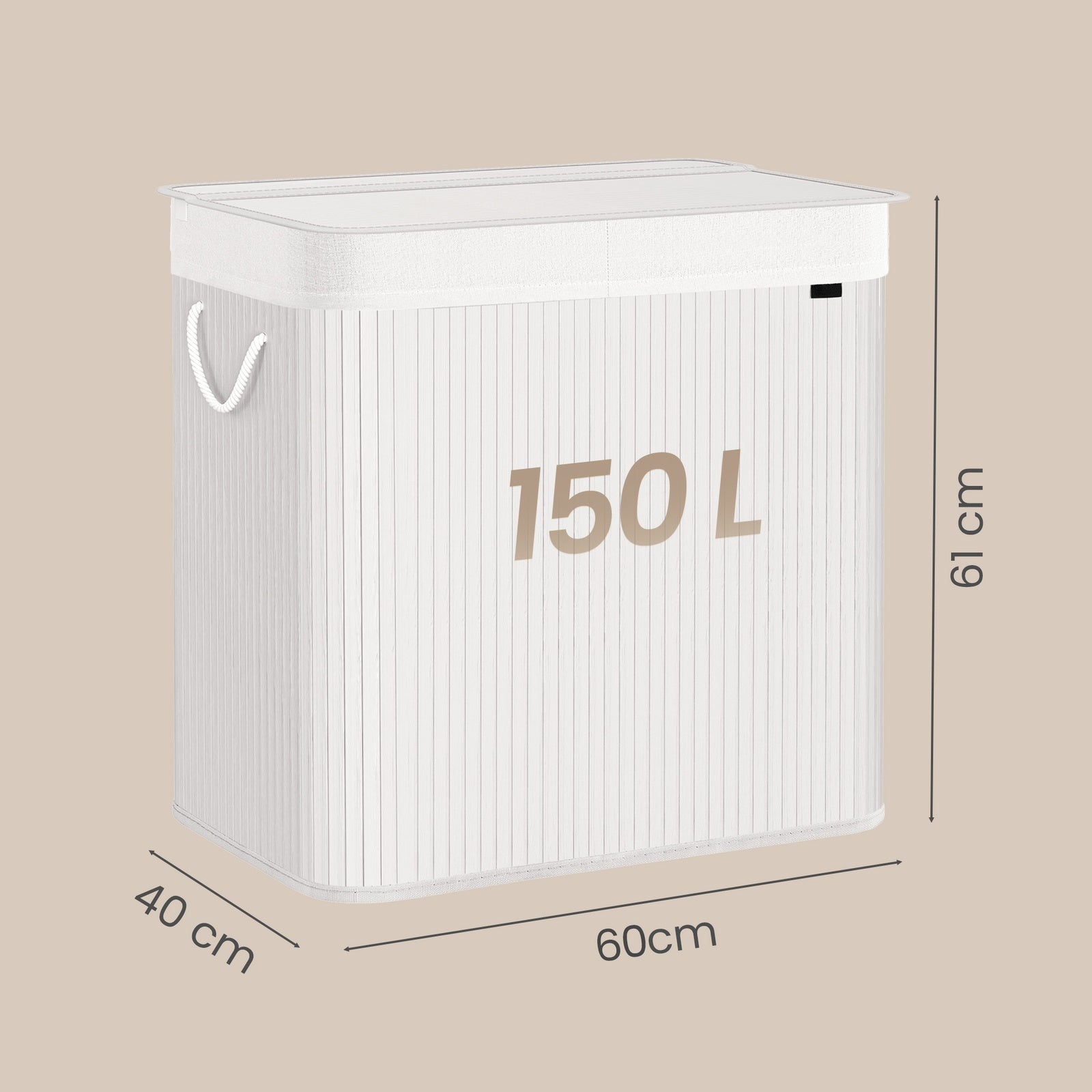 JOYFURNOS Grand Panier à Linge en Bambou, Panier à Linge Pliable à 3 Compartiments avec Couvercle, Sac Intérieur Amovible, Blanc