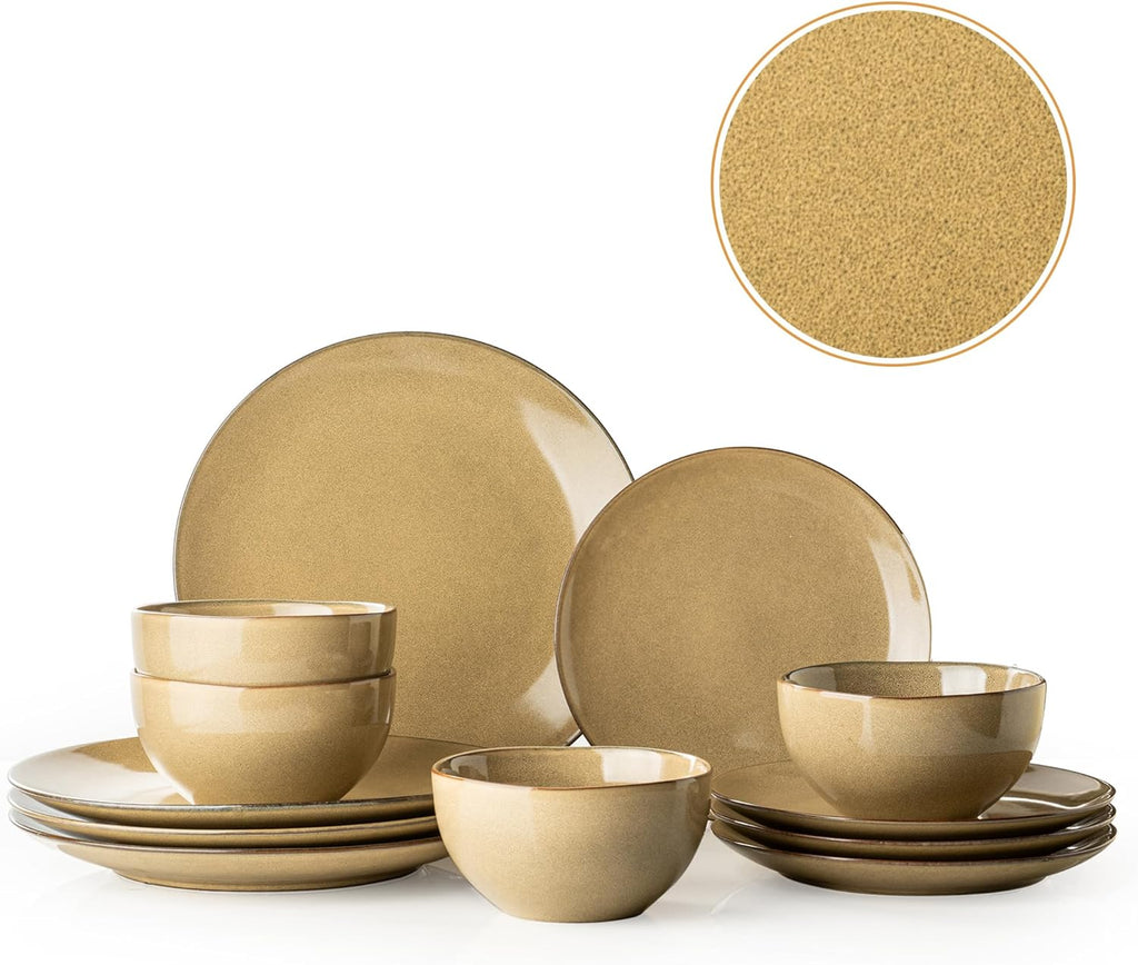 Dafuceramic Ensemble assiettes et bols, 12 pièces en grès moderne pour 4 personnes, assaisonnage et dînette en céramique, compatible micro-ondes et lave-vaisselle (jaune maïs)