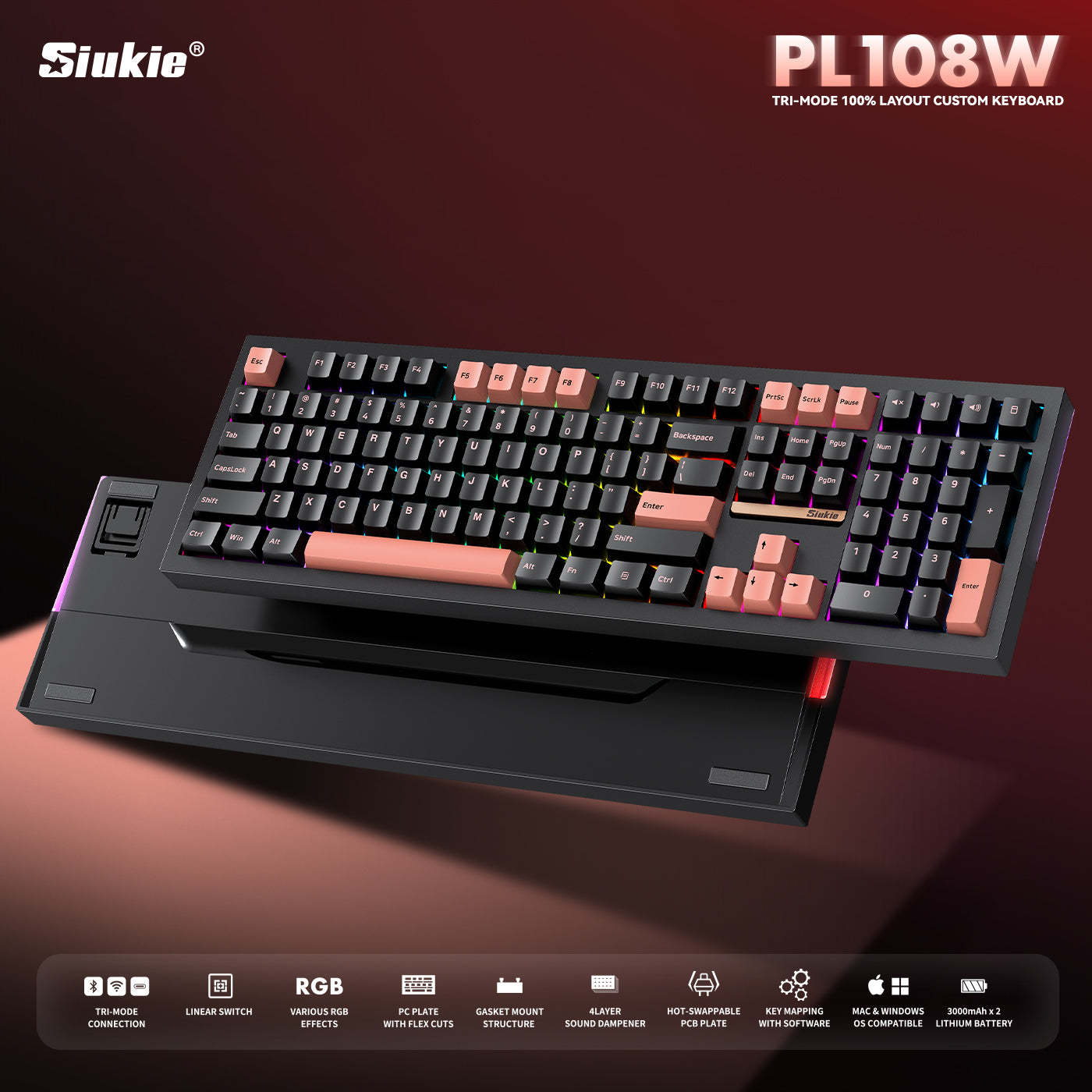 Siukie PL108W Clavier mécanique RVB 108 touches, commutateurs amovibles, 3 modes, noir