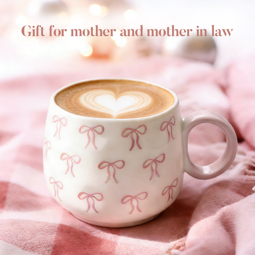 Tasse à café en céramique 400 ml Motif nœud rose Coffret cadeau inclus Pour femmes Design élégant