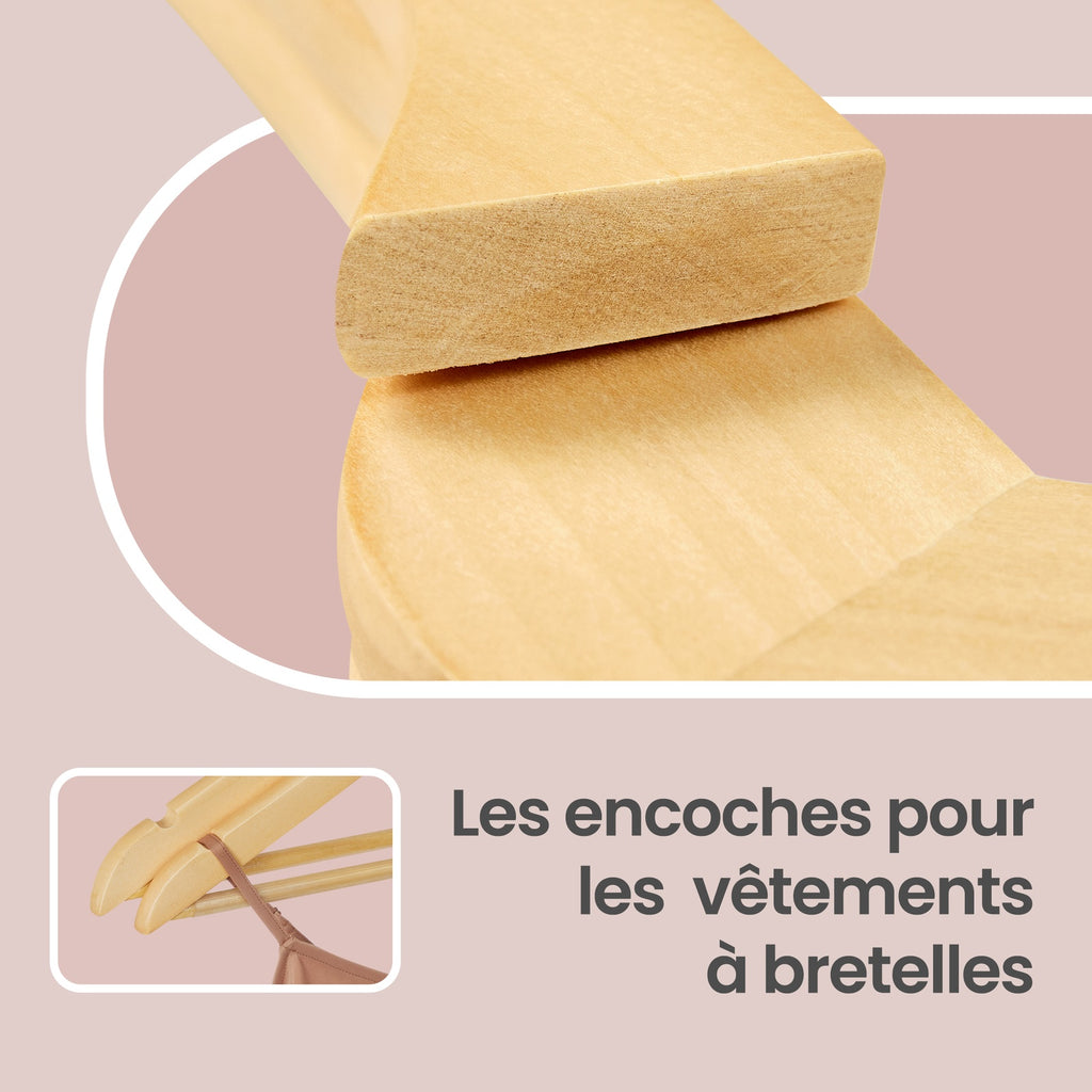 Ochama Lot de 10 cintres à manteaux en bois naturel – encoches d’épaule antidérapantes, crochet pivotant argenté 360° – parfaits pour costumes, chemises et manteaux