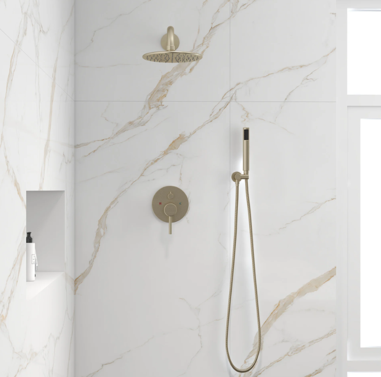 Homary Système de douche mural 250 mm, finition or brossé, avec douchette, en laiton massif