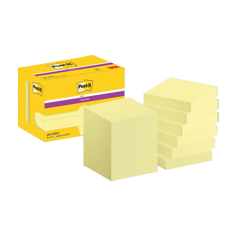 Post-it Notes repositionnables super adhésives, Jaune canard, 47,6 mm x 47,6 mm, 90 feuilles/feuille, 12 blocs/lot, Emballage en carton, 100 % PEFC, SGSCH-PEFC-COC-110078