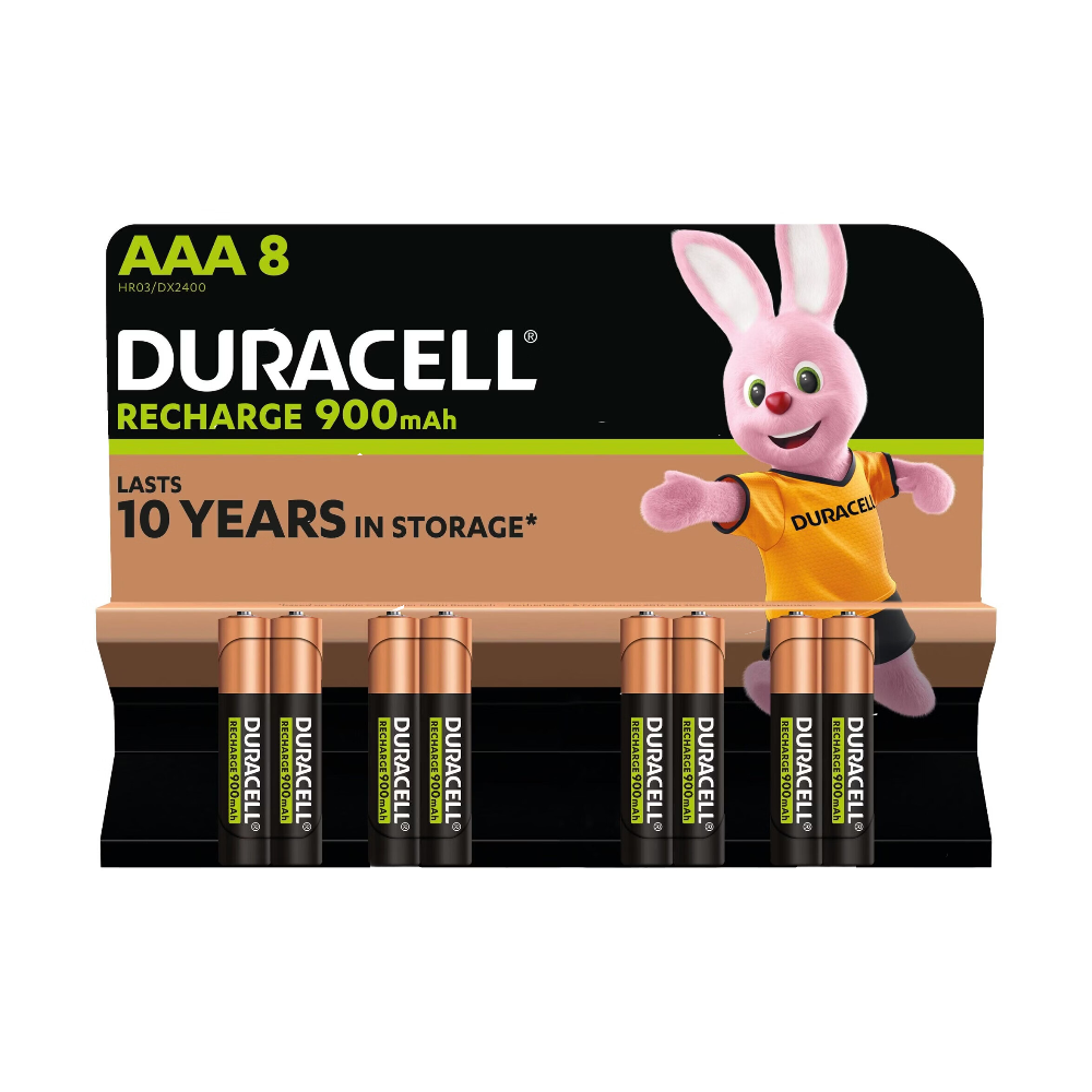Duracell Piles AAA rechargeables (Lot de 8), 900 mAh, NiMH, Préchargées, Nos piles rechargeables les plus endurantes, Emballage recyclable 0 % plastique