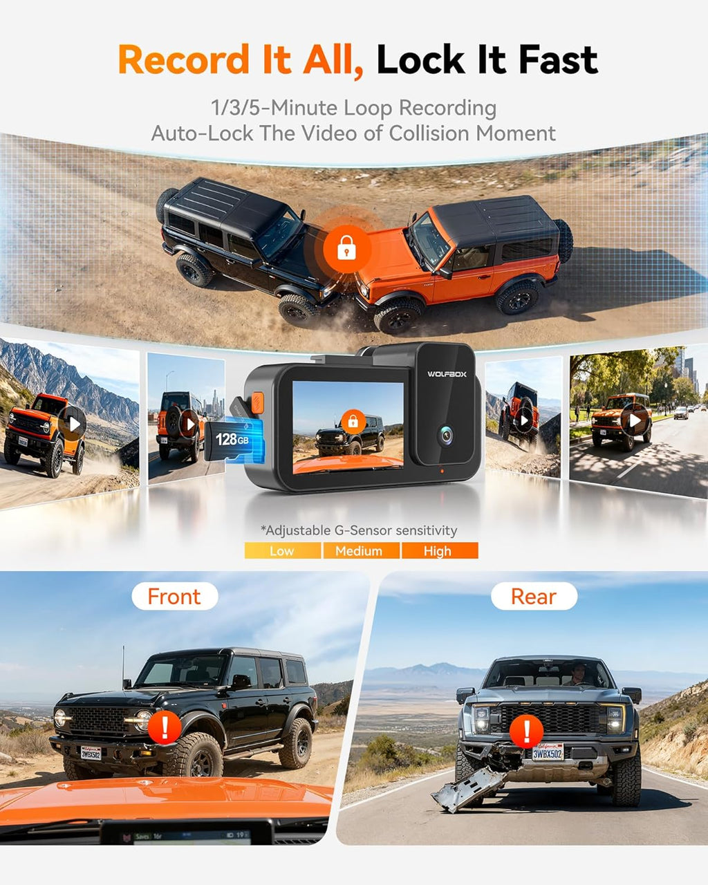 WOLFBOX Caméra embarquée voiture 3 canaux, caméra avant 4K + intérieure 1080P + arrière 2,5K, Wi-Fi 5,8 GHz et GPS, écran tactile, commande vocale