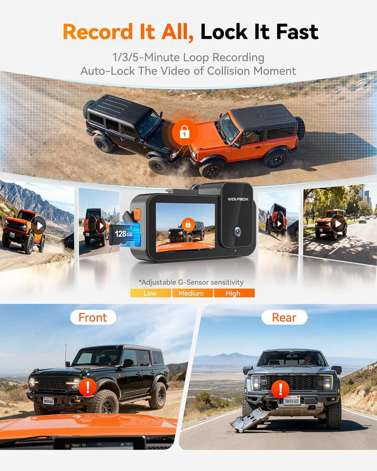 WOLFBOX Caméra embarquée voiture 3 canaux, caméra avant 4K + intérieure 1080P + arrière 2,5K, Wi-Fi 5,8 GHz et GPS, écran tactile, commande vocale