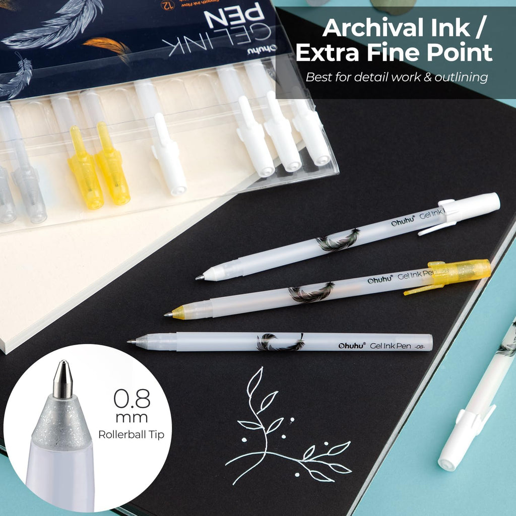 Ohuhu Stylos gel - Or, argent et blanc, stylos à encre gel pour dessin, écriture et création de cartes sur papier noir, Pointe extra-fine, 12 stylos