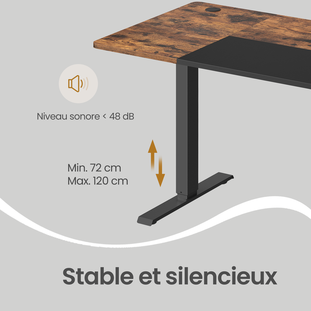 JOYFURNOS Bureau électrique avec 4 préréglages mémoire, 140 x 60 cm, réglage de hauteur continu, port USB-C, marron vintage et noir encre