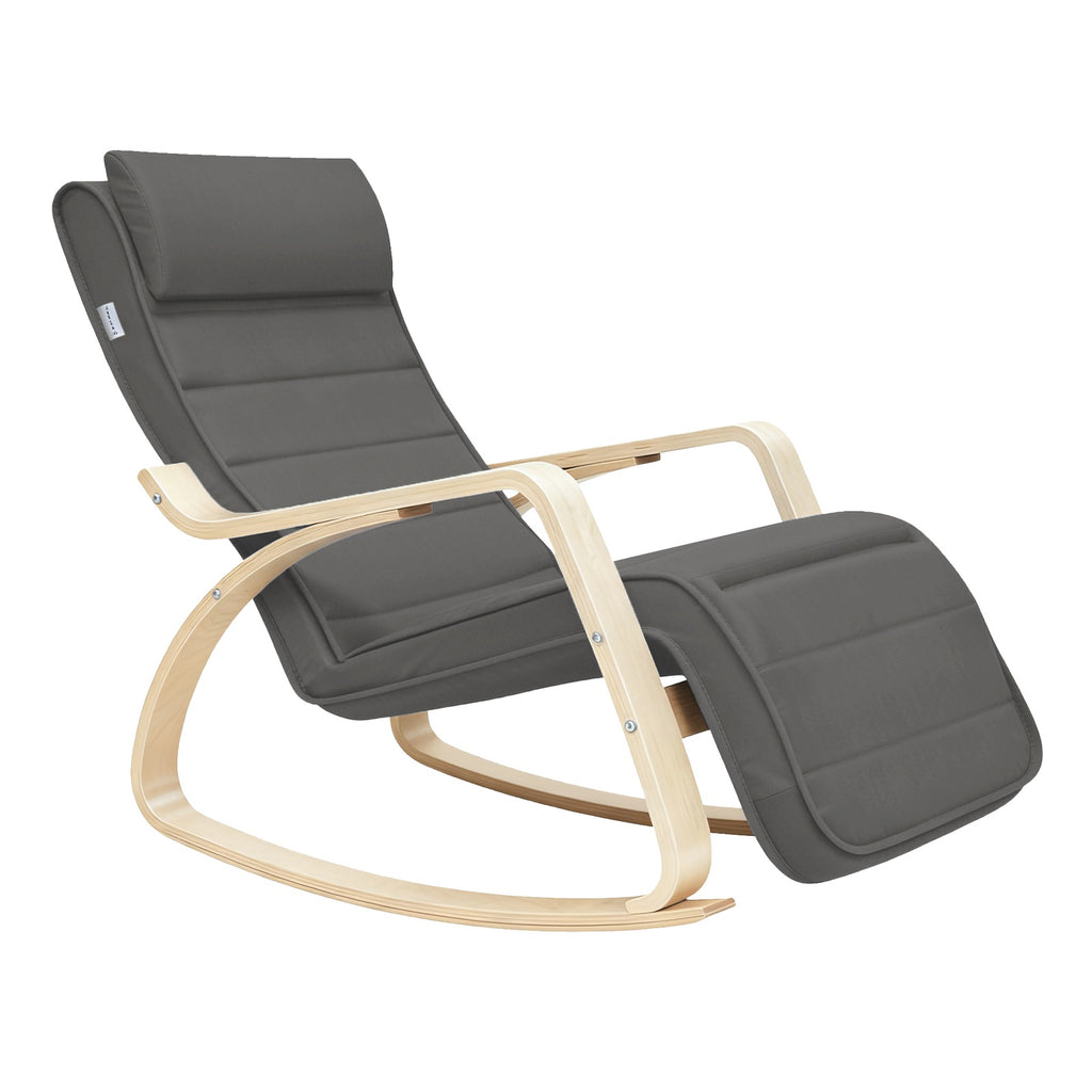 JOYFURNOS Fauteuil à bascule gris foncé et naturel avec accoudoirs en bouleau – Repose-pieds réglable à 5 niveaux, supporte jusqu’à 150 kg – Idéal pour salon ou chambre