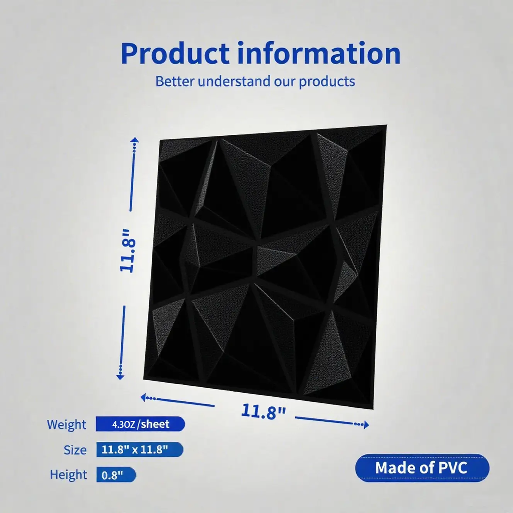 Art3d Panneaux muraux 3D Premium à motif diamant - Noir 30 x 30 cm (Lot de 33)