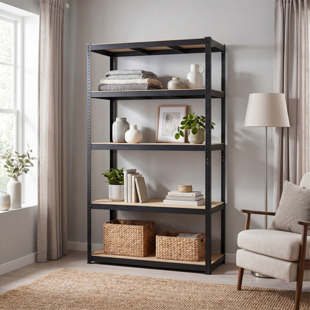 JOYFURNOS Étagère de rangement à 5 niveaux, Étagère en acier robuste avec traverses renforcées et niveaux de hauteur réglables, Capacité de charge max. 750 kg, Grande surface de rangement 200 x 120 x 60 cm, Idéale pour garage, abri de jardin, entrepô