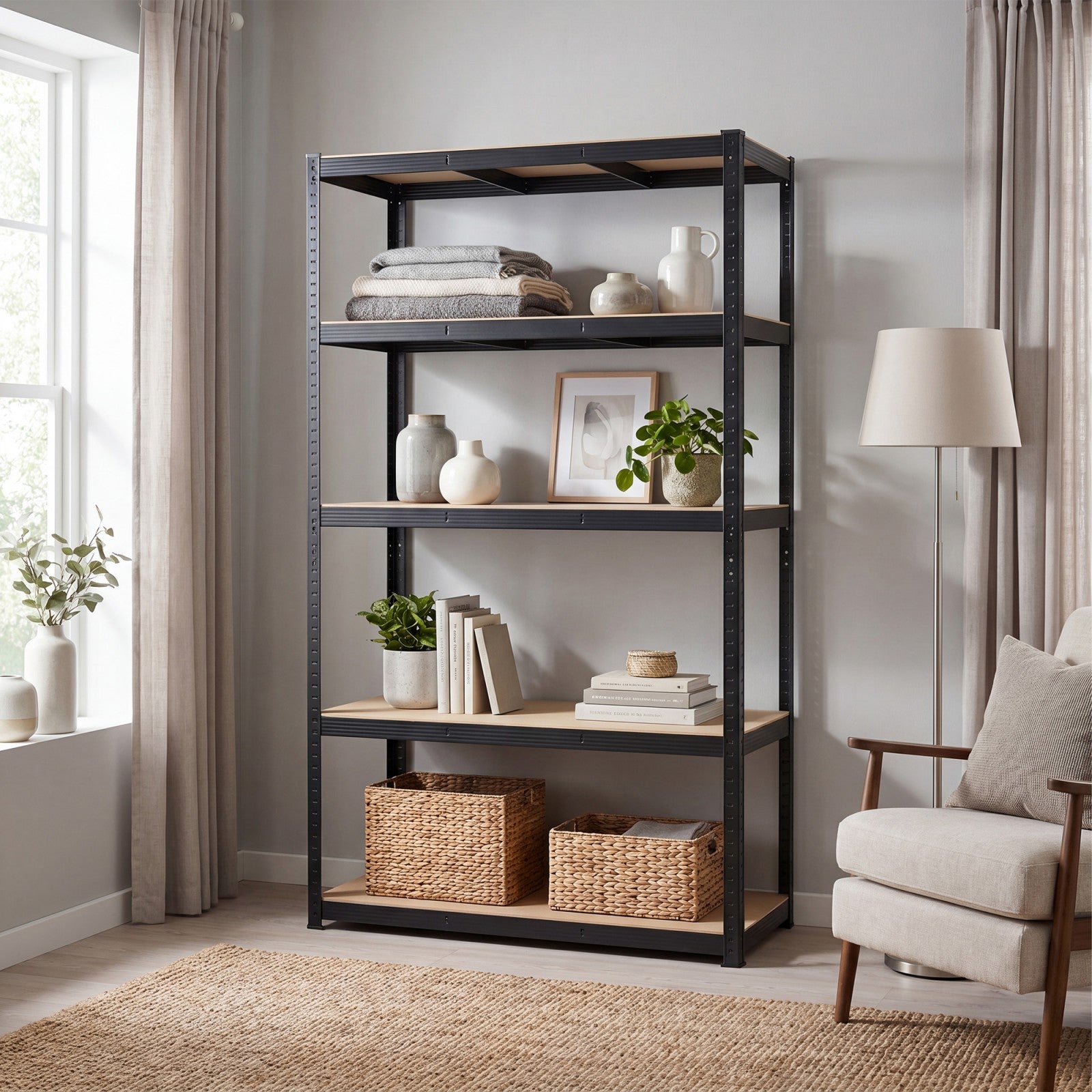 JOYFURNOS Étagère de rangement à 5 niveaux, Étagère en acier robuste avec traverses renforcées et niveaux de hauteur réglables, Capacité de charge max. 750 kg, Grande surface de rangement 200 x 120 x 60 cm, Idéale pour garage, abri de jardin, entrepô
