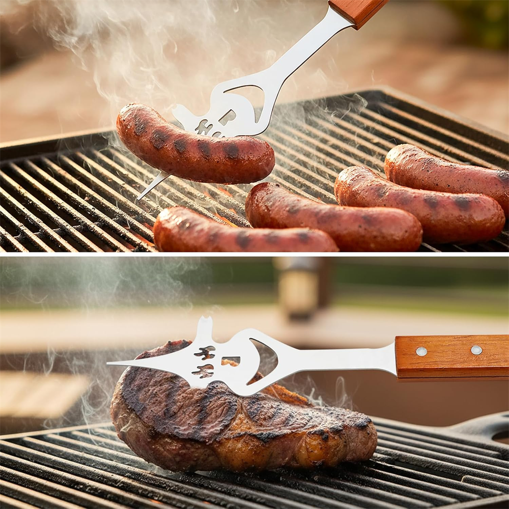 Huacan Set de 3 ustensiles de barbecue en acier inoxydable et manche en bois avec fourchette, spatule et pince à viande