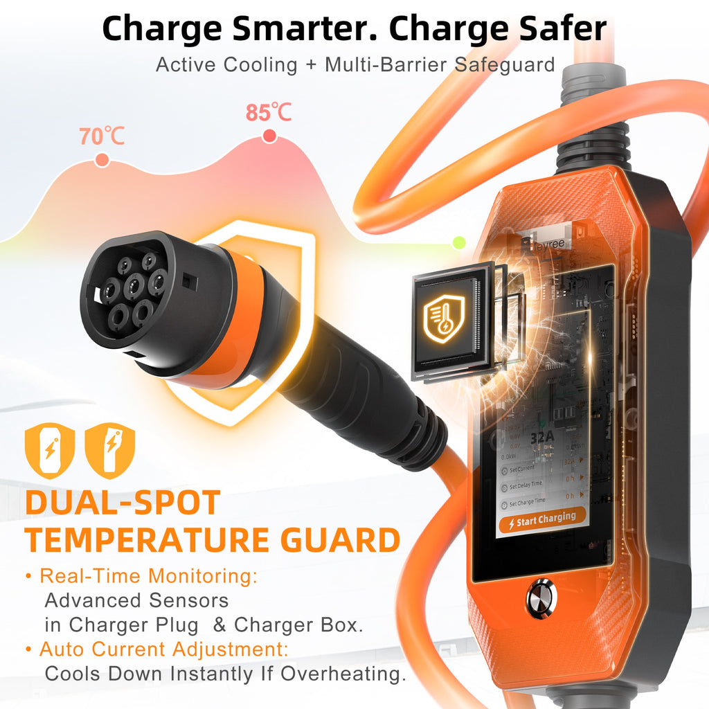 Feyree Chargeur de voiture électrique portable 7 kW 32 A avec écran tactile 4,3 pouces, type 2, réglable, avec adaptateur, contrôle Wi-Fi via application intelligente, pour voitures électriques