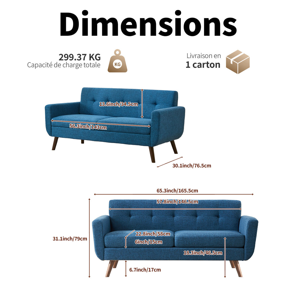 HONEYOU Canapé 165 cm, Canapés de coin pour décoration moderne du milieu du siècle pour salon, petit canapé capitonné à boutons pour chambre, meuble de coin solide et facile à installer, bleu