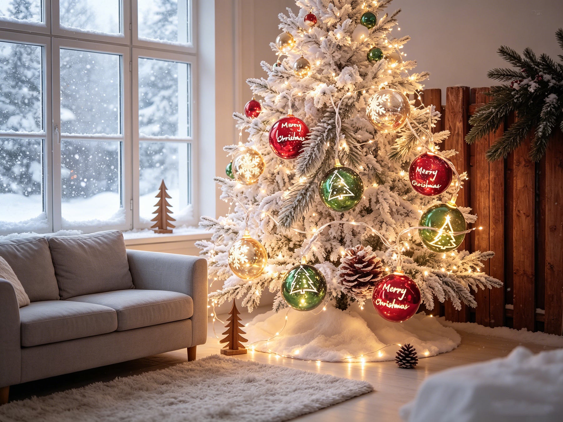 Guirlande lumineuse de Noël LED, rouge, vert et blanc, à motifs de flocons de neige sphériques, convient pour la décoration intérieure et extérieure, décoration pour la Fête des Mères, Noël et mariage