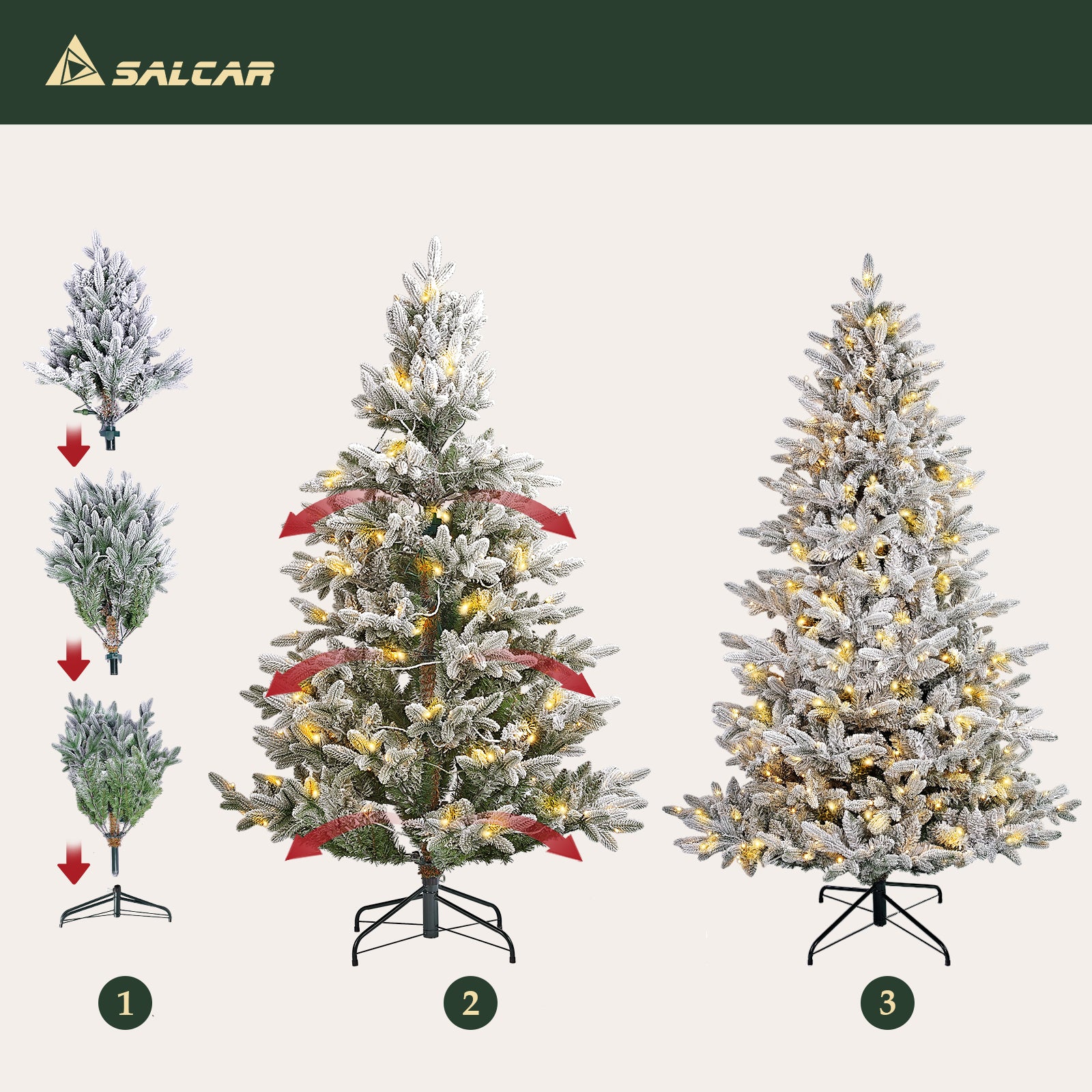 SALCAR Sapin de noël enneigé avec 1230 branches et éclairage 300 LED blanc chaud - 180 cm