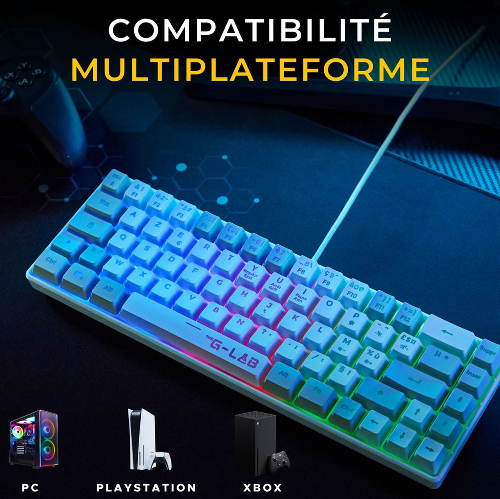 THE G-LAB Keyz Hydrogen Clavier Gaming Semi-mécanique Filaire RGB 60 % - AZERTY - Blanc/Gris