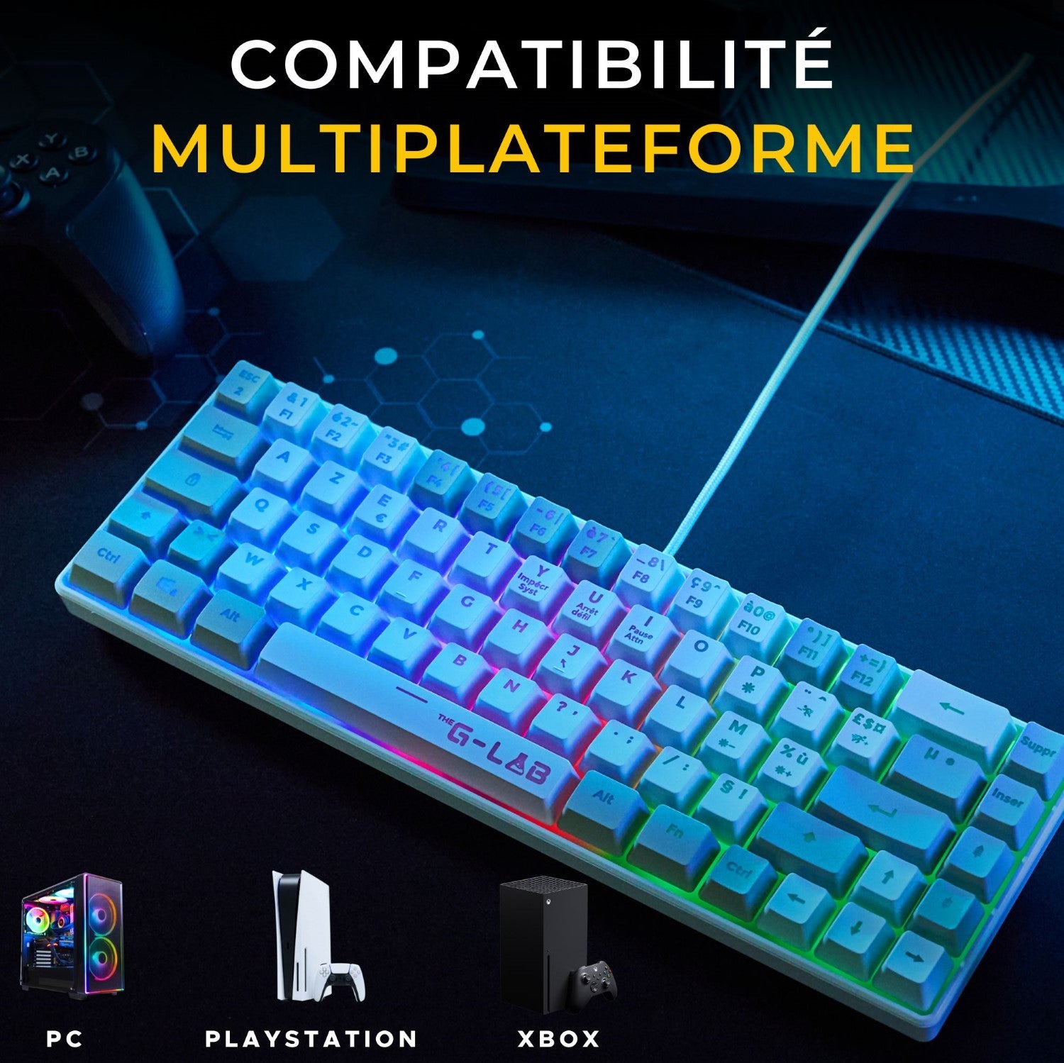 THE G-LAB Keyz Hydrogen Clavier Gaming Semi-mécanique Filaire RGB 60 % - AZERTY - Blanc/Gris