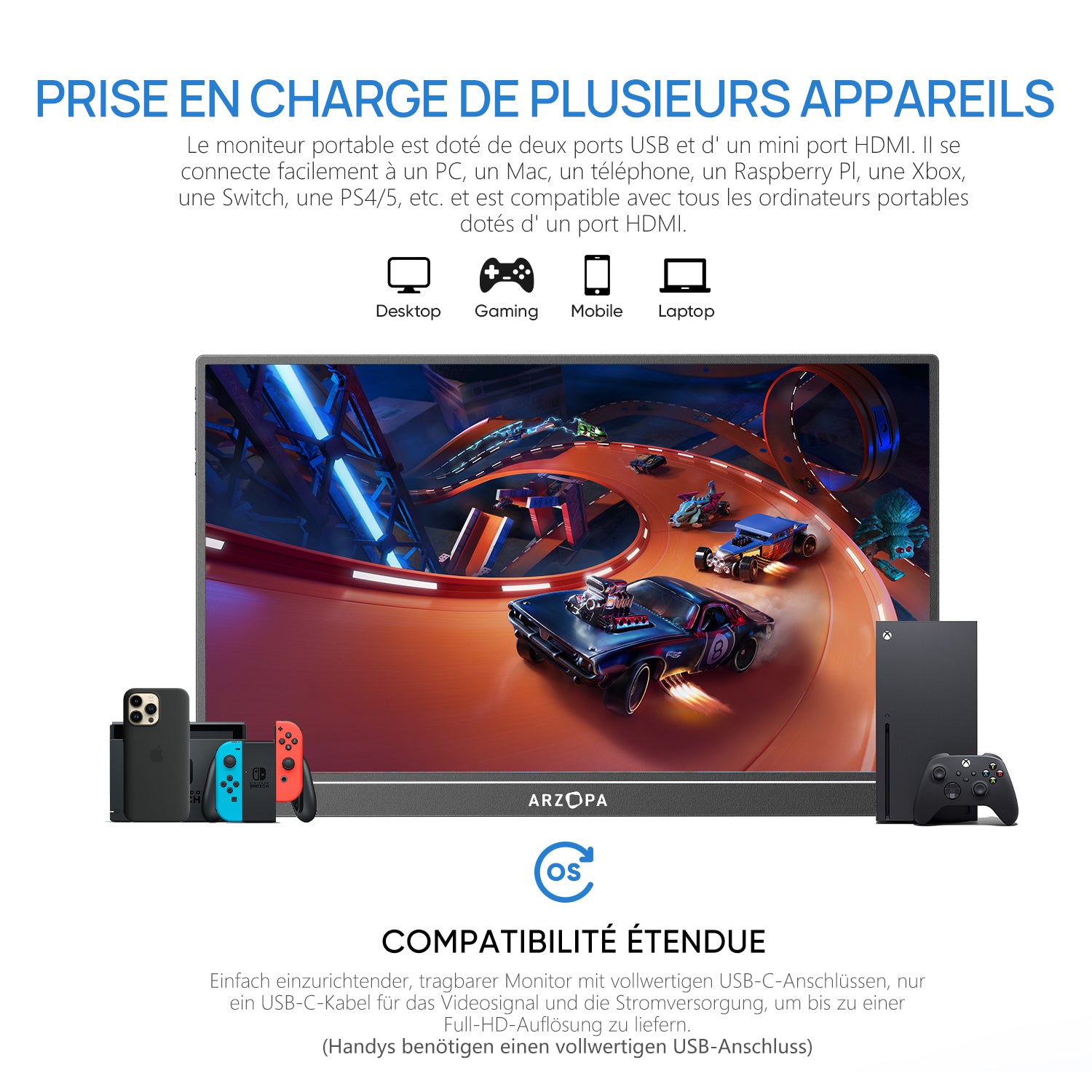 ARZOPA Z1RC Moniteur portable 2,5K, 16 pouces 2560 x 1600 HDR 500 nits 8 bits QHD USB-C HDMI, écran externe de protection des yeux 16:10 IPS, second écran pour Mac, PC, téléphone, PS4/5, Xbox, Switch