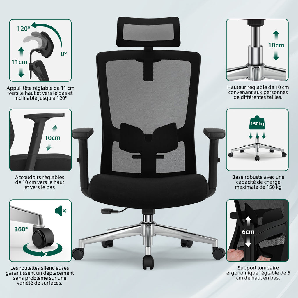 GTIMEX Fauteuil de bureau ergonomique avec soutien lombaire réglable, accoudoirs et appui-tête, fauteuil de bureau pivotant 150 kg, fonction bascule jusqu'à 135°