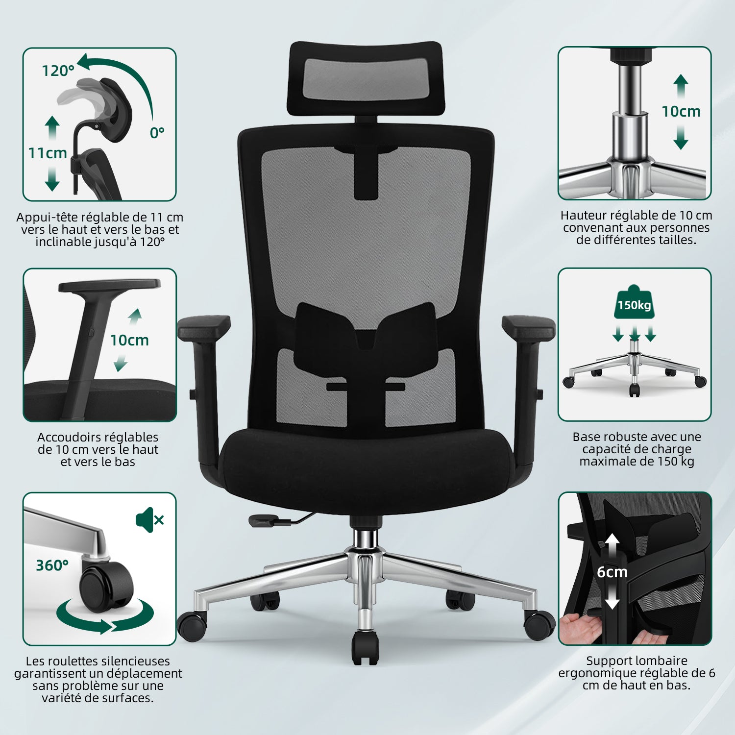 GTIMEX Fauteuil de bureau ergonomique avec soutien lombaire réglable, accoudoirs et appui-tête, fauteuil de bureau pivotant 150 kg, fonction bascule jusqu'à 135°