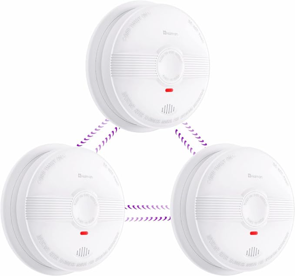 HEIMAN Modèle 633 Lot de 3 détecteurs de fumée sans fil et radio-réseau, jusqu’à 40 alarmes incendie 85 dB, batterie 10 ans et bouton d'arrêt, certifié EN 14604