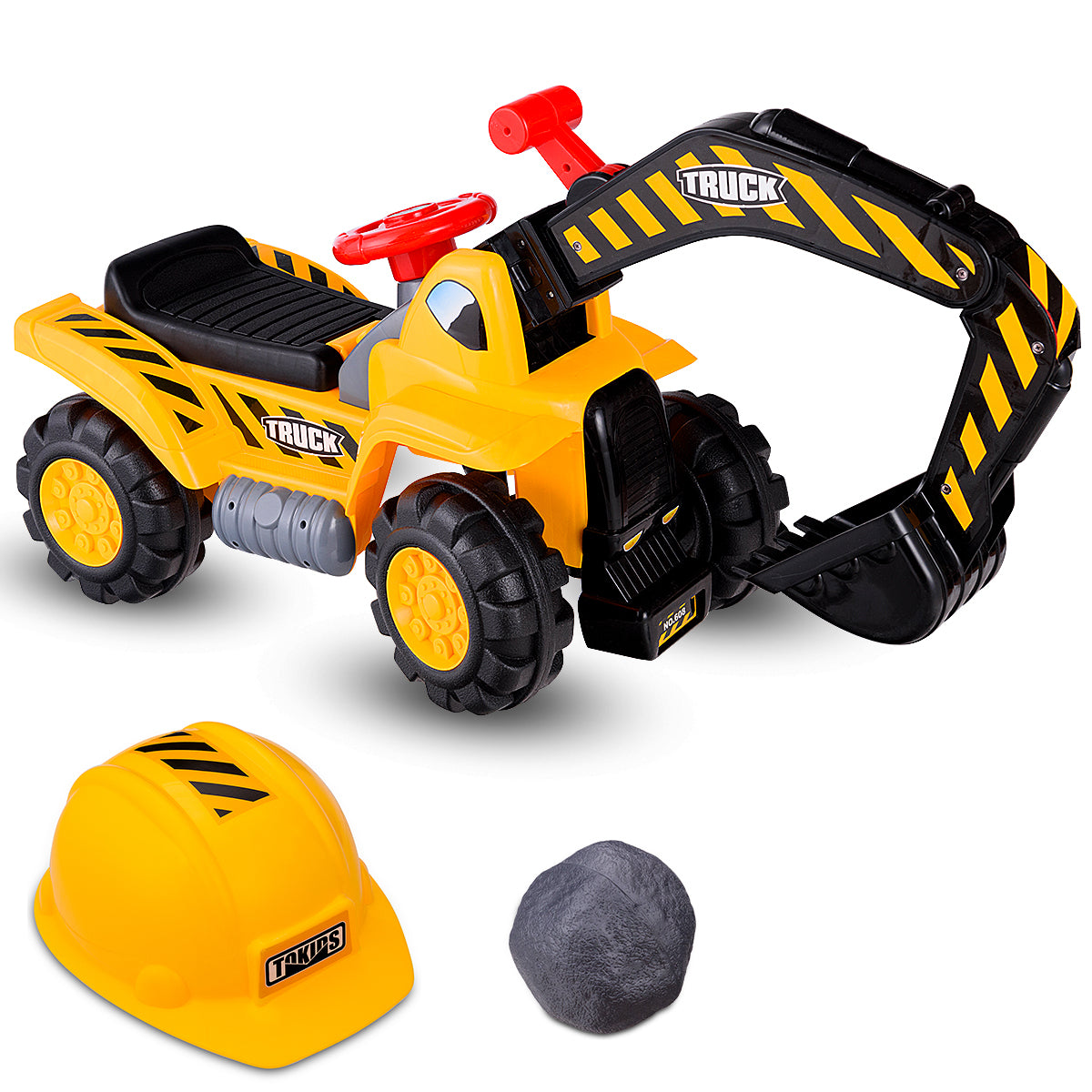 Excavatrice pour enfants et compartiment de rangement intégré, pelle avec klaxon, jouet excavatrice, pelle à sable, pelle avec siège pour enfants à partir de 3 ans, pierre et casque inclus