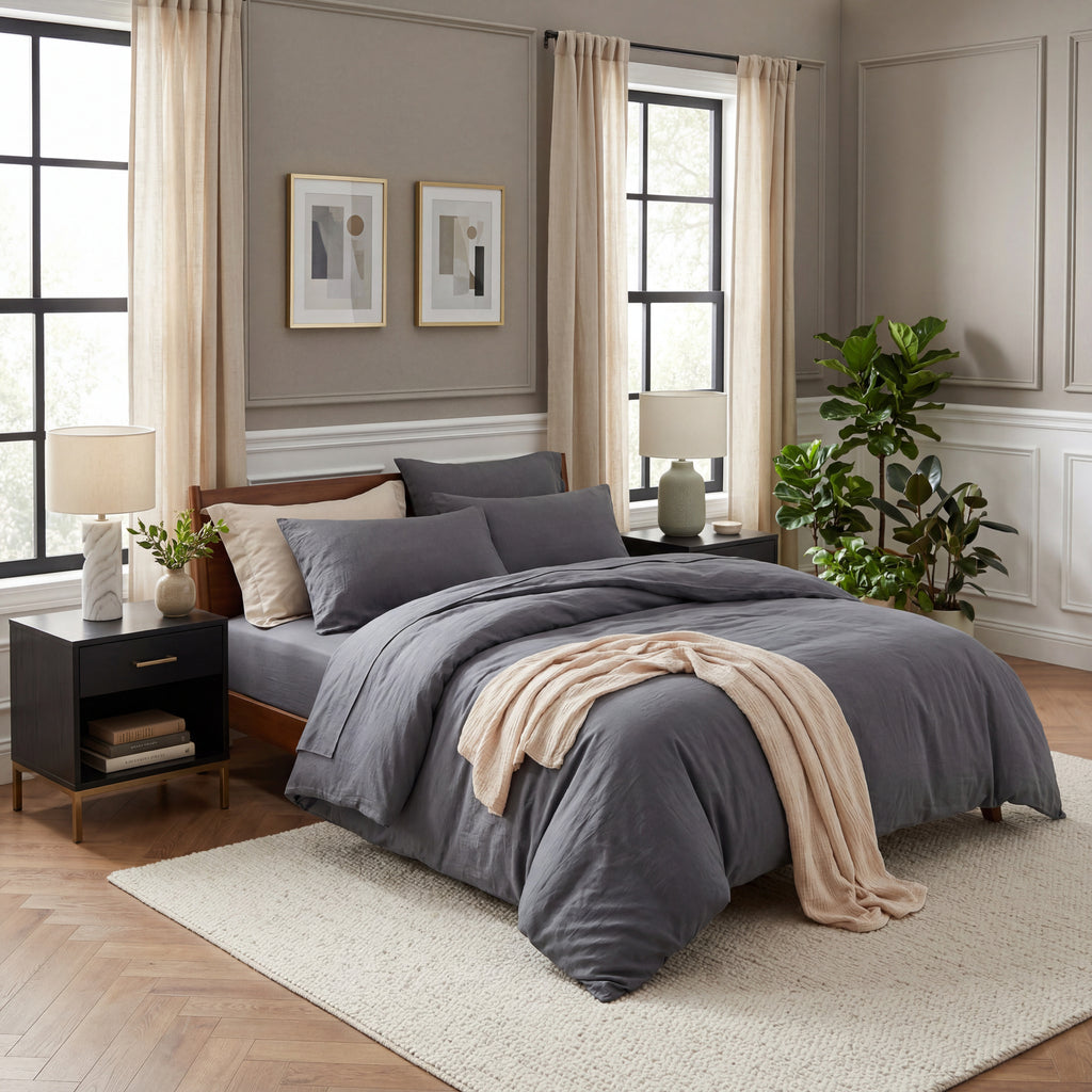 Linge de lit 135 x 200 cm, 4 pièces, anthracite, doux, certifié OEKO-TEX, 90 % polyester, microfibre, ensemble de linge de lit