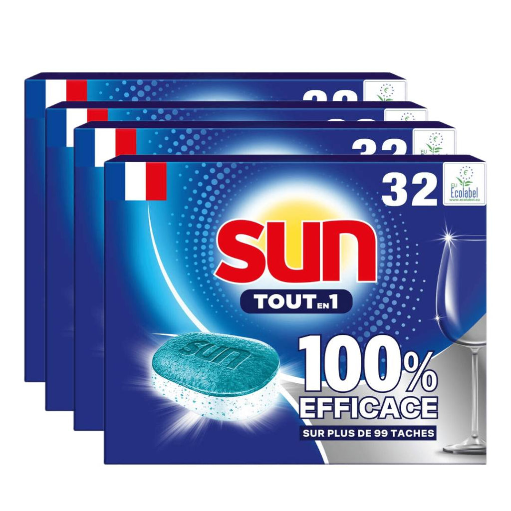 Sun Tout-en-1 Tablettes Lave-Vaisselle Anti-Calcaire & Liquide de Rinçage 4 x 32 Tablettes (= 128 Tablettes) (128 Lavages)