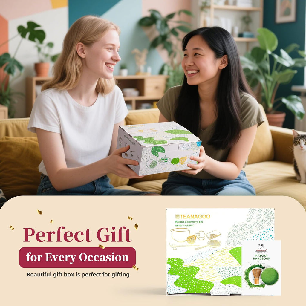 TEANAGOO Set de cérémonie du matcha bleu 7 pièces avec fouet, bol en céramique motif Fuji, cuillère doseuse et tamis pour préparer des boissons au matcha au lait, cadeau pour amateurs de matcha