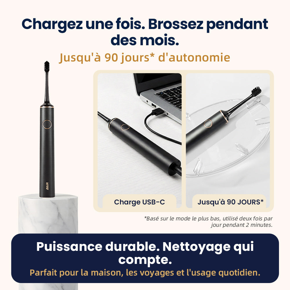 BAIR CARE G1s Brosse à Dents Électrique Sonique - 90 Jours d'Autonomie, Rechargeable, 5 Modes & 3 Intensités, Minuteur Intelligent 2 Min, Étanche IPX7, Inclut un Étui de Voyage Premium