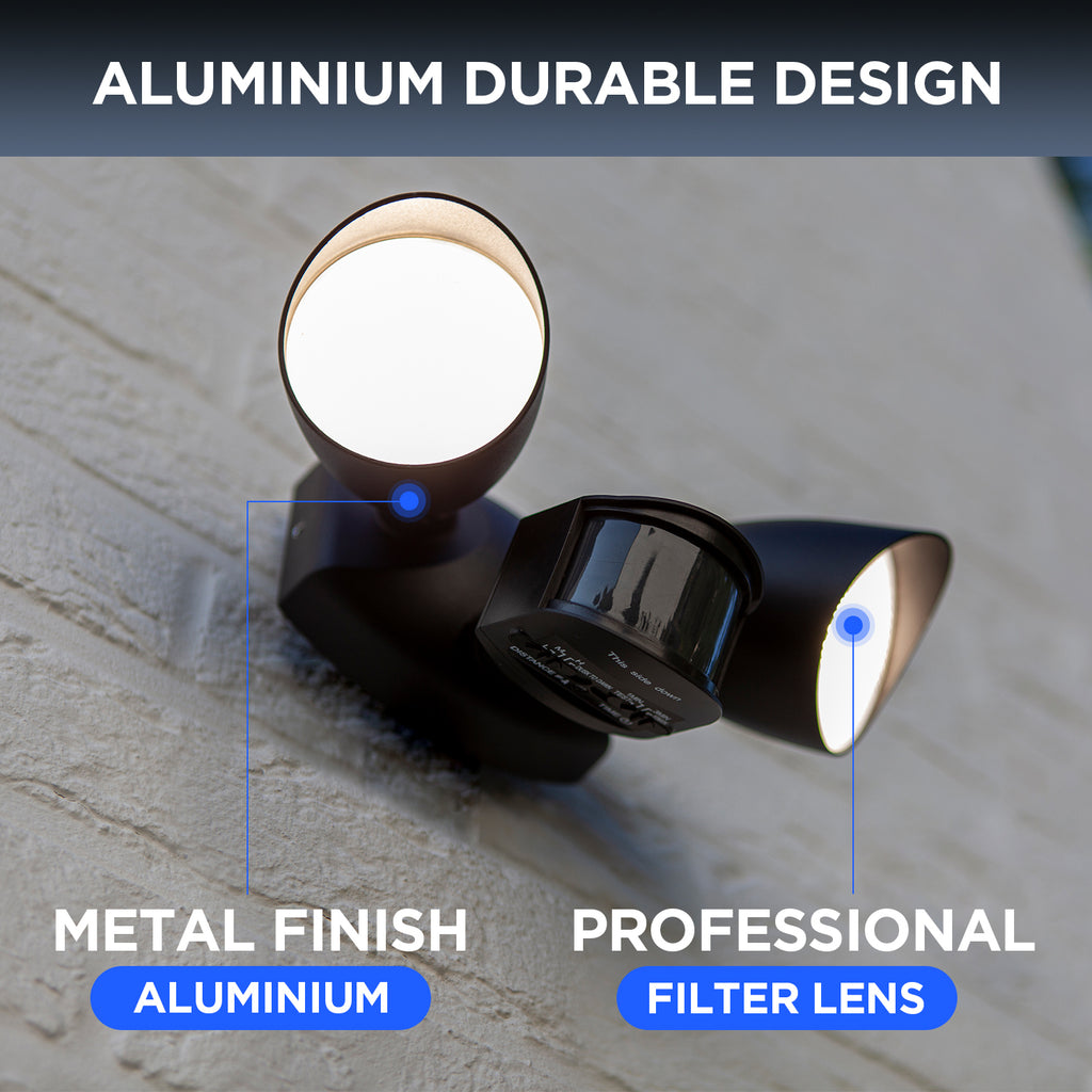 Projecteur de Sécurité LED LUTEC 20W 1700LM 4000K avec Capteur – Double Tête Intégrée pour Extérieur, Terrasse, Jardin, Cour – Noir