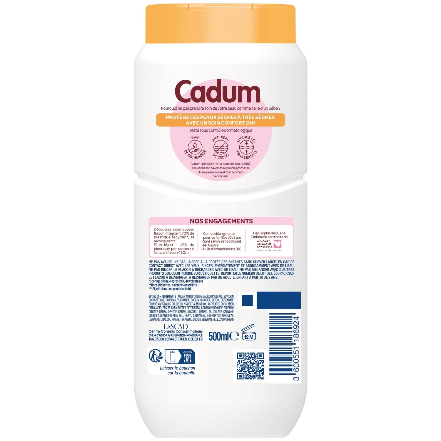 CADUM Crème Lavante Surgras pour Peau Sèches à Très Sèches Beurre de Karité 500ML